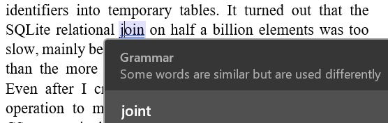 Grammar checker suggests replacing "SQLite relational join" with "SQLite relational joint".