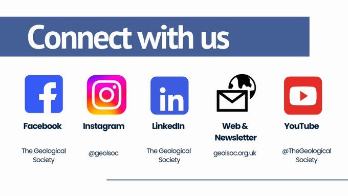 A white page with a blue banner reading "Connect with us". The page features logos for other popular social media sites and handles for the Geological Society; Facebook - The Geological Society; Instagram - @GeolSoc; LinkedIn - The Geological Society; Web & Newsletter - geolsoc.org.uk; YouTube - @TheGeologicalSociety