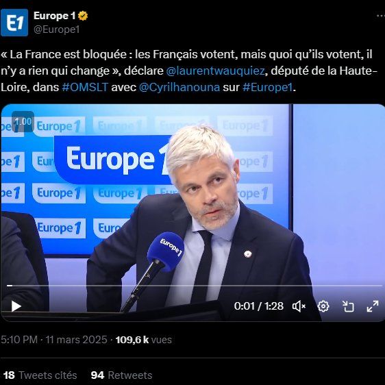 Tweet de cette radio de faf qu'est Europe  1, dont le texte est : 

« La France est bloquée : les Français votent, mais quoi qu’ils votent, il n’y a rien qui change », déclare Laurent Wauquiez, député de la Haute-Loire, dans OMSLT avec Cyril Hanouna sur Europe 1.