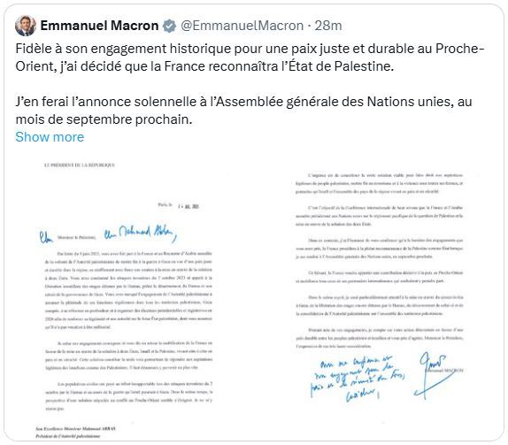 Capture d'écran du tweet cité, à savoir : https://twitter.com/EmmanuelMacron/status/1948462359468802252