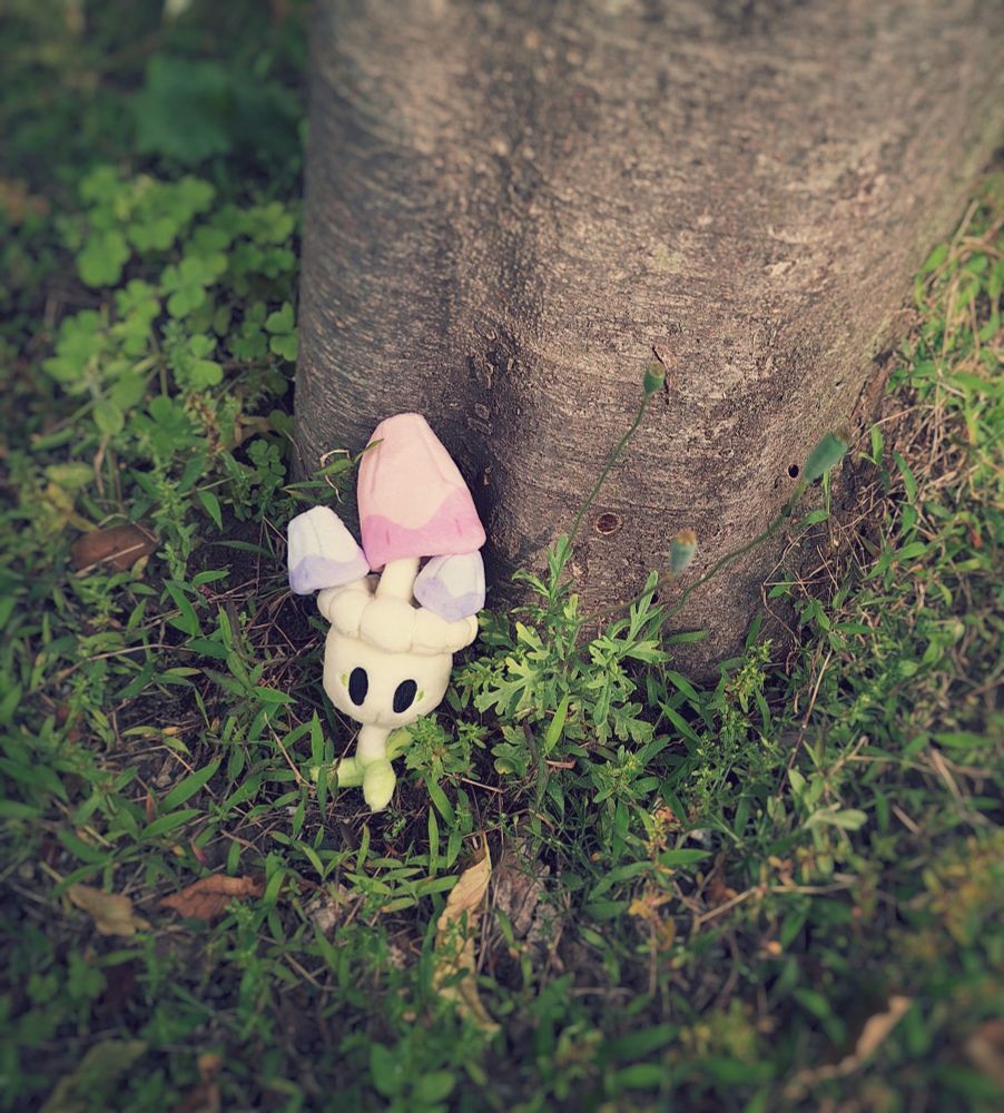 周囲にカタバミなど短めの緑が生えた場所にて、木の根元にネマシュ(ポケモンfit)がいる写真です。