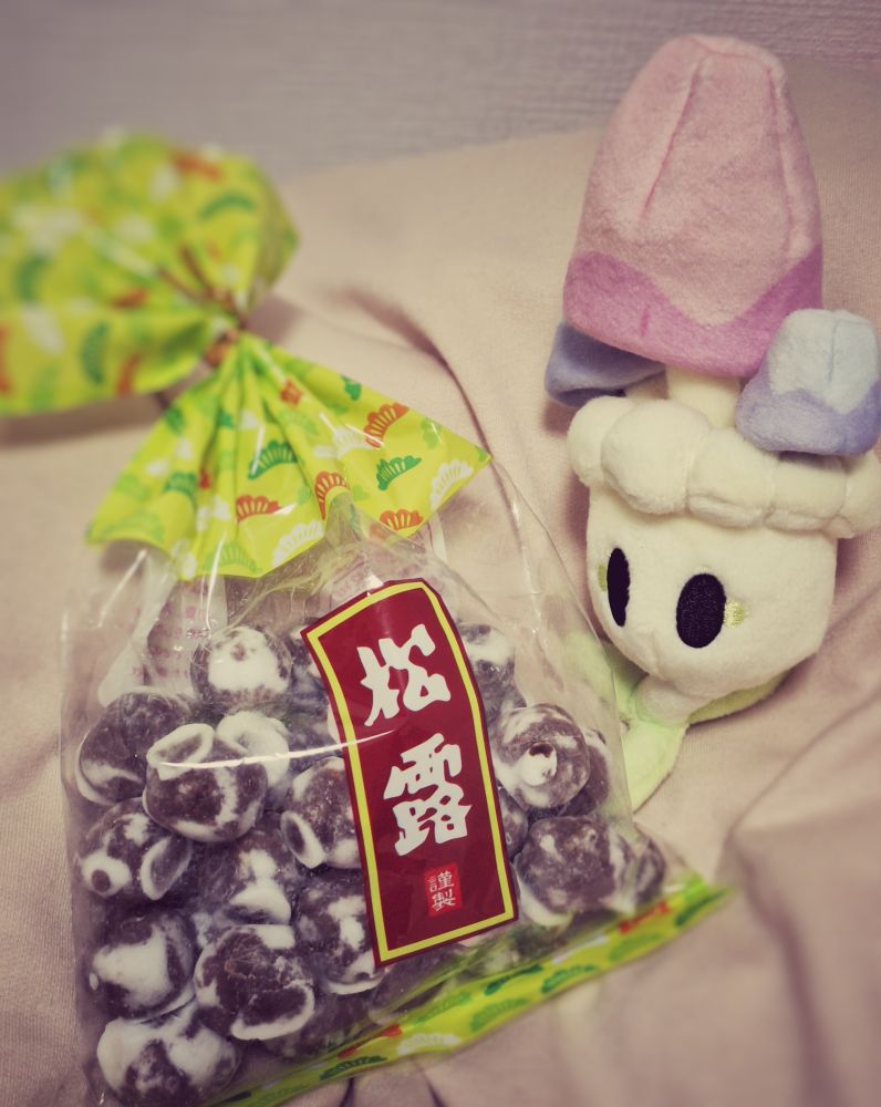 松露(お菓子)とネマシュ(ポケモンfit)の写真です。

松露は中森製菓のもので、225g入りの巾着型のものです。未開封の状態で写っています。
ネマシュのぬいぐるみは、松露の右側にまるで中身を覗いているように置かれています。タグはついていません(切除済)

