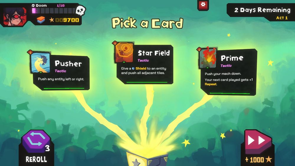 Screenshot from StarVaders with the card reward screen.

Cards are 'Pusher', 'Star Field' and 'Prime'