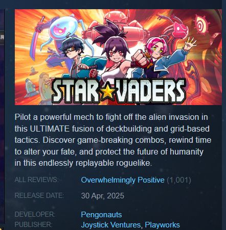 Pilot a powerful mech to fight off the alien invasion in this ULTIMATE fusion of deckbuilding and grid-based tactics. Discover game-breaking combos, rewind time to alter your fate, and protect the future of humanity in this endlessly replayable roguelike.

All reviews - Overwhelmingly Positive (1,001)
Release Date - 30 Apr, 2025

Developer - Pengonauts
Publisher - Joystick Ventures, Playworks