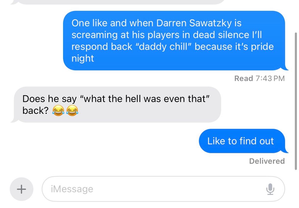 a text exchange where I asked friends to like a text so I could make a grown man angry during a soccer match 