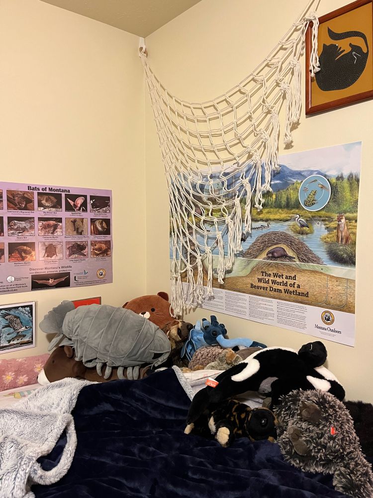 A picture of the corner of a room with collapsed stuffed animal hammock directly above the head of a bed. A bunch of stuffed animals have clearly fallen out and are spread over the bed.