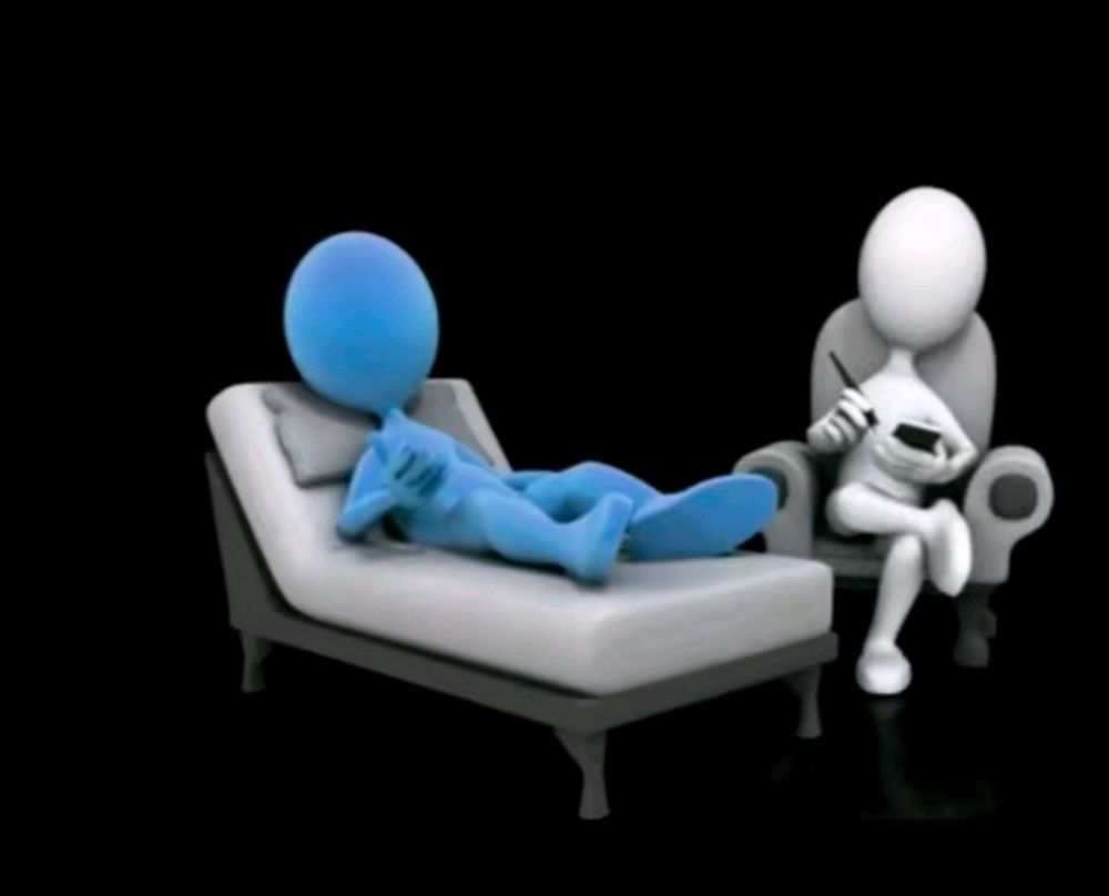 A faceless blue guy on a therapy couch talking to a faceless white guy in a chair all on the void of a black background