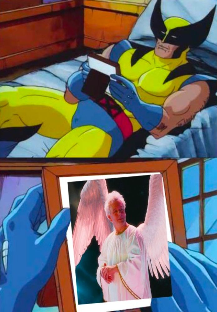 Wolverine on his bed meme, except the picture he's stroking is now Aziraphale from Good Omens 