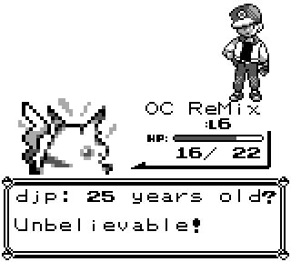 Dialogue about OC ReMix from trainer Red in the style of Pokémon Red/Blue/Yellow:
"djp: 25 years old? Unbelievable!"