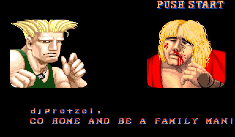 Dialogue of Guile to a beaten flowchart Ken in the style of Street Fighter II:
"djpretzel, go home and be a family man!"
