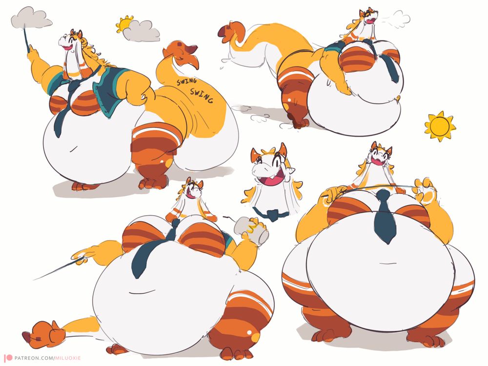 A very fat weather girl dragon in a very cheery mood.