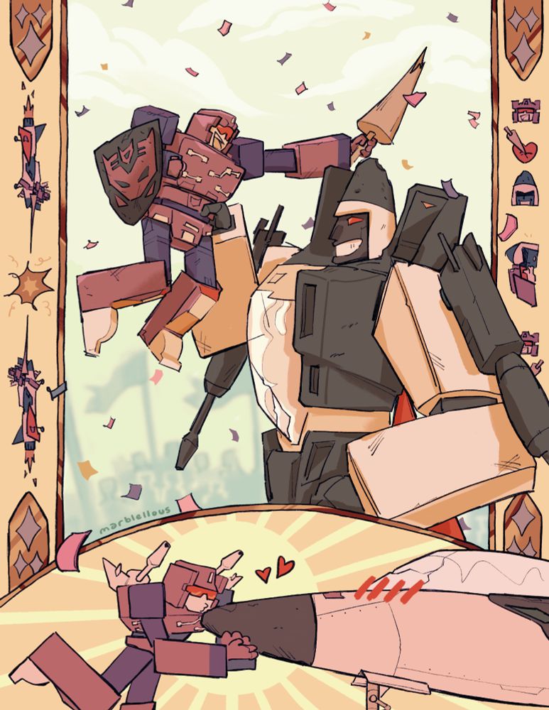 a colour illustration of g1 rumble and ramjet, specifically from the king arthur's court episode from s2. sir rj holds sir rumble up by the waist as they celebrate a winning joust, colourful confetti flying around them. both are smiling, rumble holding a decepticon shield and broken lance. the hero image is framed to mimic an illuminated manuscript: small drawings of rumble riding a transformed rj, rj and rumble heads with a heart impaled with a lance between them and rumble giving rj a smooch. at the bottom a banged up rj in jet mode is being kissed in the nosecone by rumble.