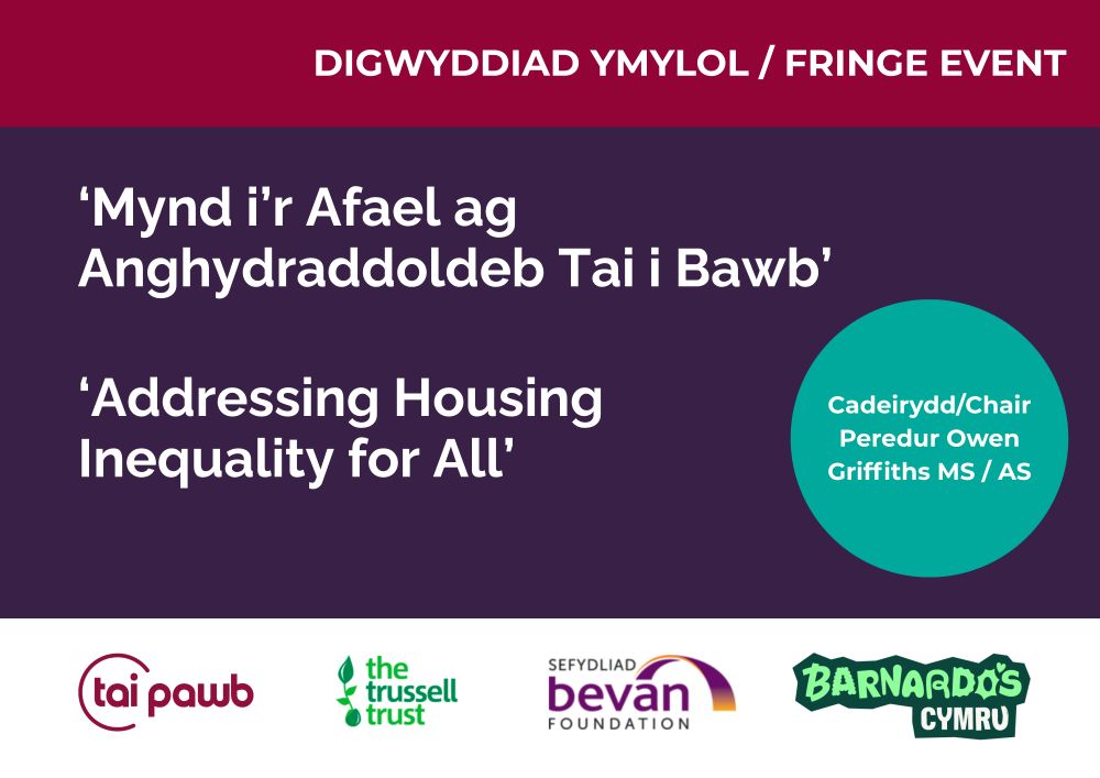 Logos of Tai Pawb, The Trussell Trust, Bevan Foundation and Barnardo's Cymru with the text: Addressing Inequality for All