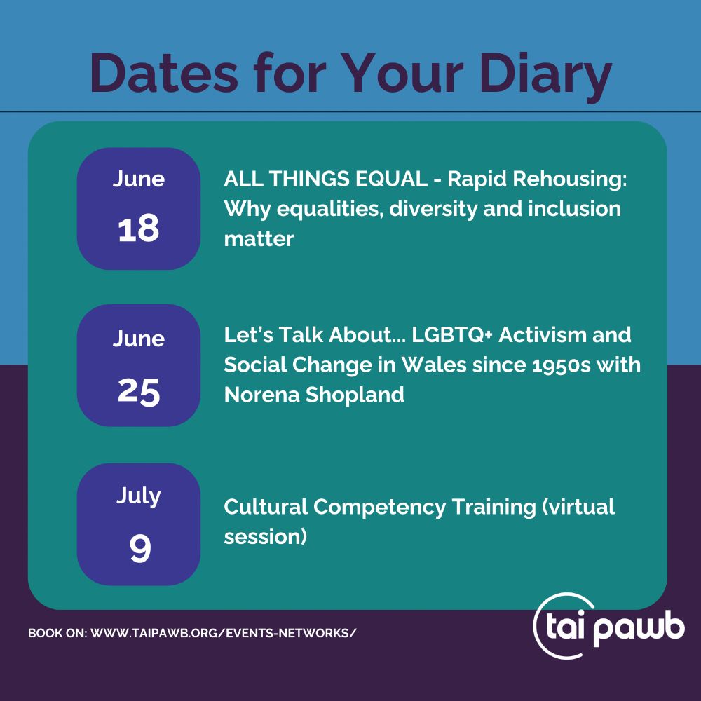 Upcoming sessions:

- All Things Equal - Rapid Rehousing: Why equalities, diversity and inclusion matter
- Let's Talk About... LGBTQ+ Activism and social change in Wales since 1950s, with Norena Shopland
- Cultural Competency training