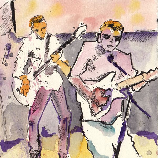 Watercolor and ink sketch of a live band wearing button down shirts. This was sketched during their set in the dark. It is quick, dirty, and how I like to paint musicians.