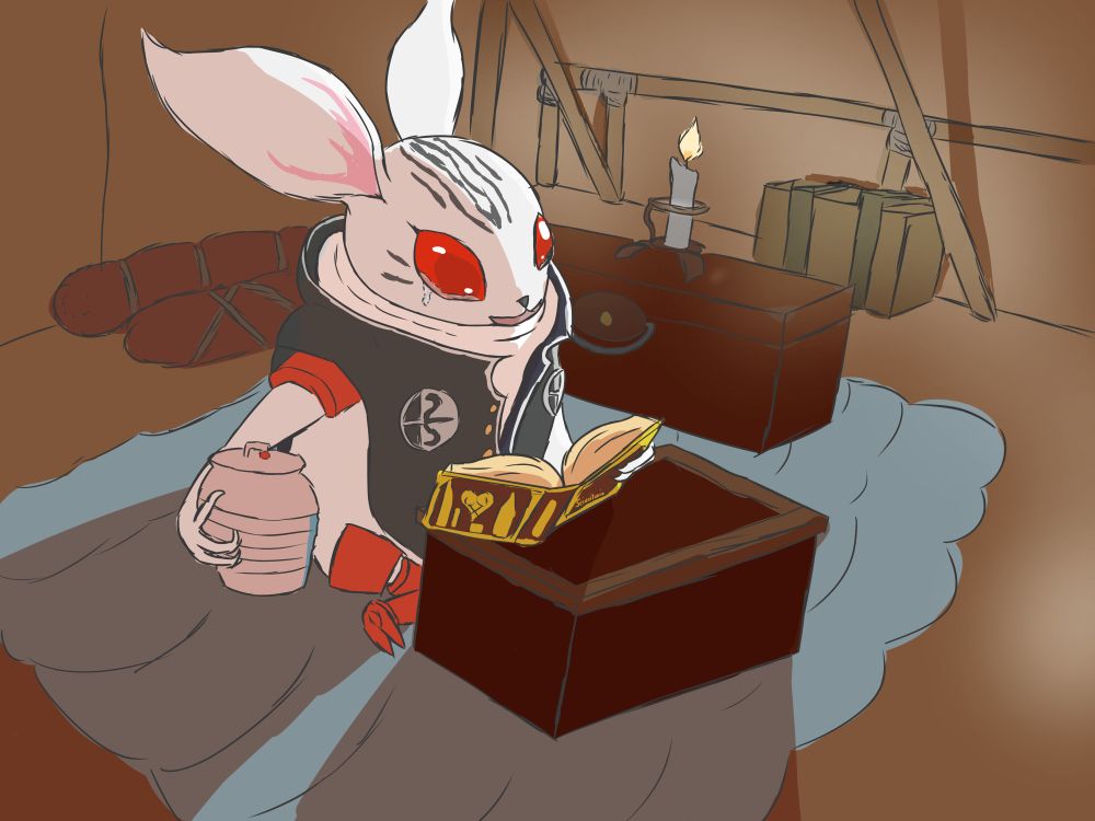 Heismay Noctule from Metaphor ReFantazio sitting in his tent and reading a book. He clutches the urn with the remains of his son and cries.

With a somber expression Heismay approaches the captain. "Will, may I borrow that novel of yours for the night?" He pauses for a moment. "I'd like to read it for my son. Had he the chance to grow older, I'm sure he would have enjoyed it."