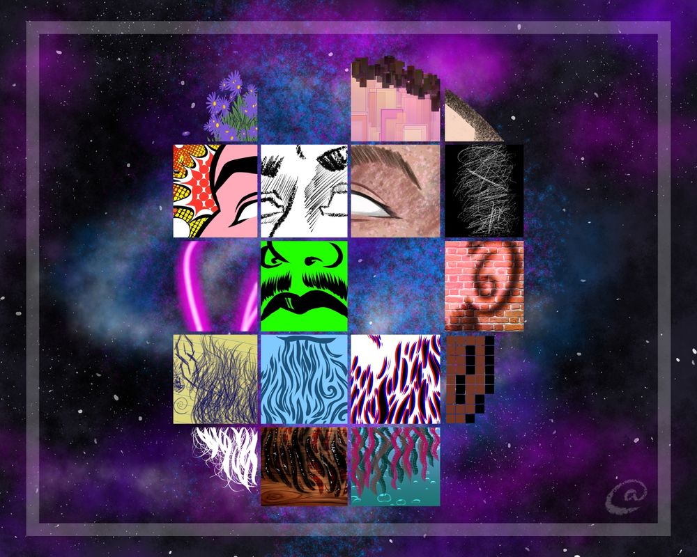 digital painting. a space background with a blue/magenta/purple/turquoise swirling cloud texture. a drawing of Atlas' face is broken up into a 4x5 grid, and each grid is rendered in a different style: neon lights, abstract squares, white scratches on flat black, spray paint on brick, realistic paint, black sketch lines on white, comic/pop art, ball point pen on legal paper, swirling dark blue on light blue background, 3D glasses-style red/blue offset against white, pixel, white brush strokes against no background, wood burn, seaweed against water, flowers/grass.

the piece gives a disjointed feeling. A couple panels are missing entirely. 