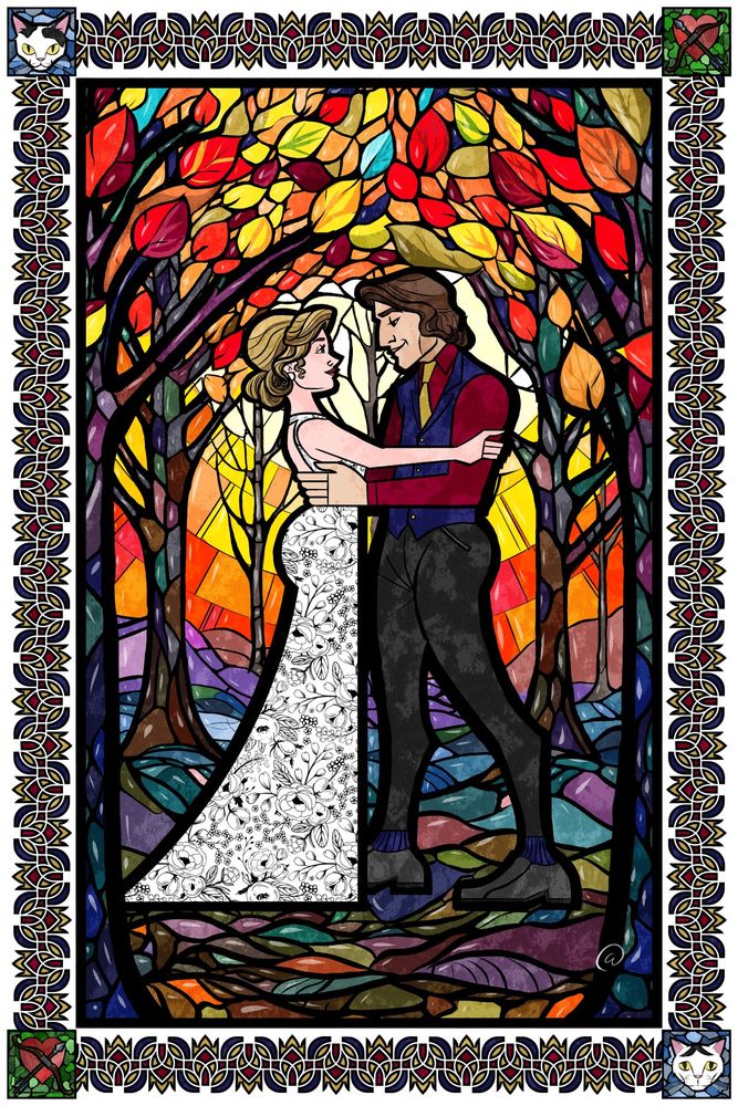highly-stylized illustration of a bride (white femme, pretty, blonde hair in a fancy updo, white wedding dress with lovely floral print and pearl earrings), and a groom (white man, handsome, long curly brown hair, burgundy dress shirt, gold tie, navy blue vest, dark slacks, navy dress socks, dark dress shoes) outside in a autumn forest at sunset. the leaves are brilliant shades of red, yellow, and orange, and the forest floor is a beautiful mix of muted colors. there's an ornate border around the image in burgundy, navy, and gold, and in the corners there are smaller drawings of the couple's cats, hearts, and bows/arrows. the piece is drawn in a style reminiscent of stained glass windows like from the prologue of Disney's Sleeping Beauty.

Art by Atlas Talos using Clip Studio Paint EX, with modified art assets licensed from creativefabrica.com