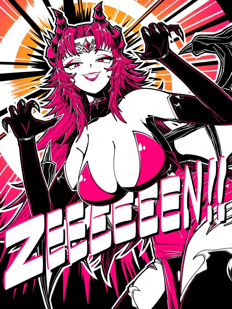 Illustration of Zentreya in a dungeon master outfit, striking a playful claw pose. The character is drawn in black, white, and pink tones. Behind her, radiant beams in white, black, and gradients of yellow and pink spread out from Zentreya’s face. At the bottom, the stylised text “ZEEEEEEN!!” appears, with her chest resting slightly on the letters.