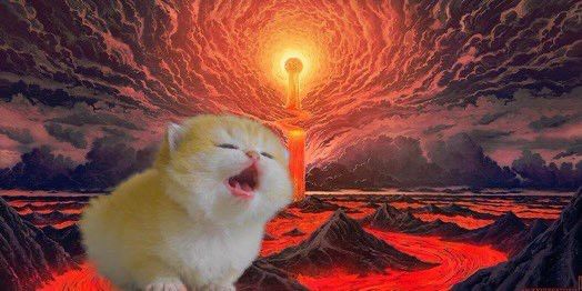 A tiny baby kitten with its mouth open, meowing. He is imposed over a hellish landscape with mountains and red clouds. In the center of the image is a massive sword, stuck into the earth. 

Its hilt blocks the sun from view in a turbulent sky.