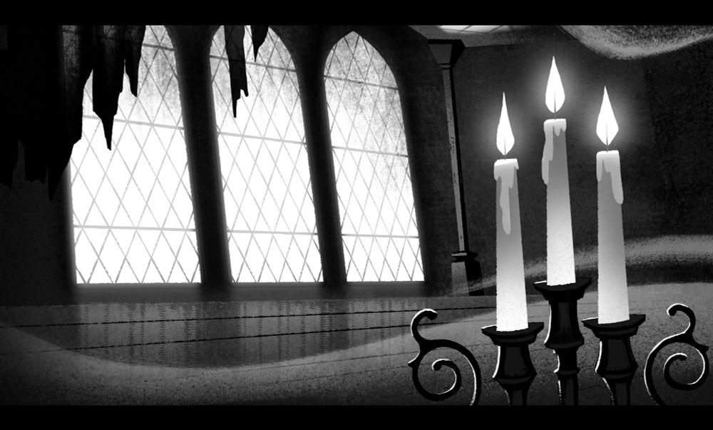 A haunting grayscale castle interior with arched windows partially covered by tattered curtains. Three glowing candles on a wrought-iron candelabra add an eerie, gothic touch.