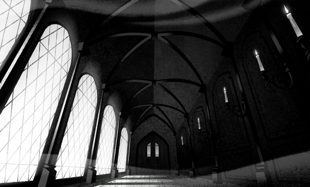 
A grayscale gothic castle hallway with arched windows on the left casting diffused light. Glowing candles in ornate sconces on the right add a haunting, elegant vibe.