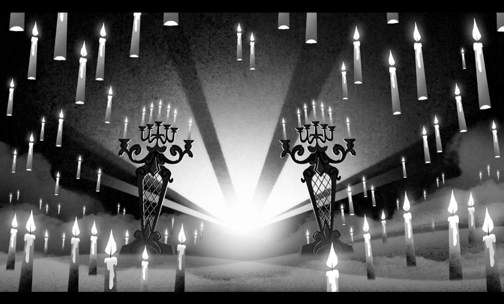 A grand grayscale gothic ballroom filled with glowing candles, some floating above and others rising from a misty floor. Ornate candelabras frame a radiant light source in the distance, casting dramatic beams across the ethereal scene.