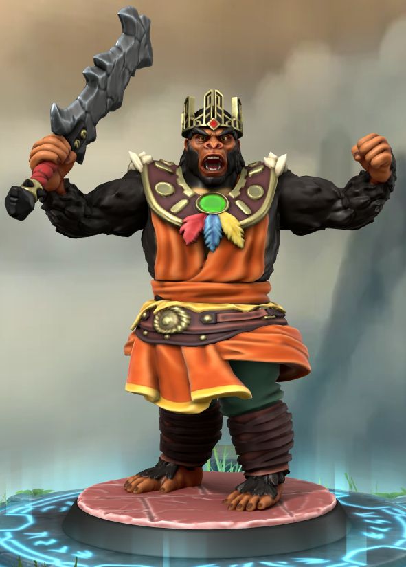 A muscular ape-man in an orange and yellow sleeveless robe with a golden mantle and crown and green trousers. In his right hand he holds a sword with jagged edges. He roars a challenge at the viewer and raises his arms in a threatening pose.