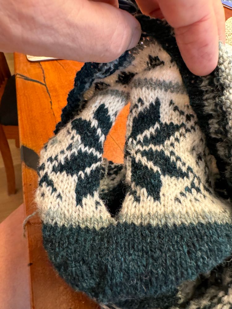 Completed steek after the cut ends had been sewn into place inside the tea cosy.