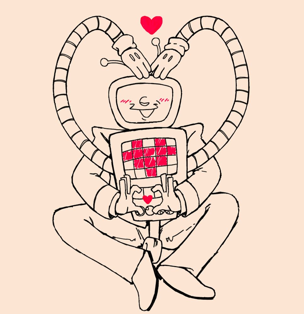 simple line drawing of tenna from deltarune and box-form mettaton from undertale. tenna is bringing his hands in front of mettaton to make a heart shape while mettaton is reaching his arms above tenna to form a bigger heart