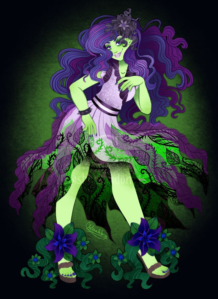 Amanita nightshade stands with a hand on her hip and one on her chest. She faces left. She has purple flowers and green vines around her ankles. Her dress is ripped with layers of purple and green.