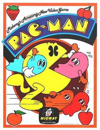 Poster for the original 1980 Pac-Man game. Depicts Pac-Man with legs, and also gloves with separated fingers. He is holding two ghosts while two others are flying away.

"Midway's Amazing New Video Game
Pac-Man

Midway
A Sally Company
Video is Our Game"