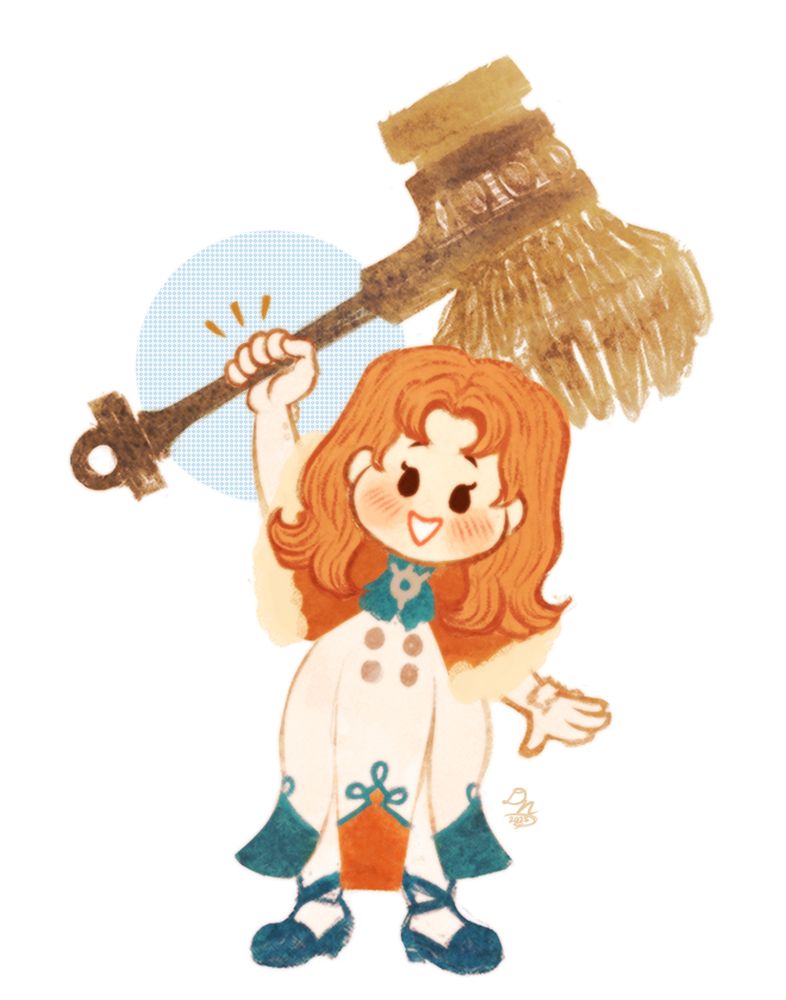 Chibi-style Annette from Fire Emblem Three Houses smiling while lifting up a giant hammer.
