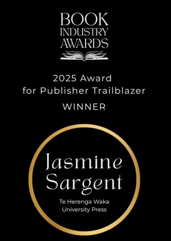 The announcement of Jasmine's win. White text on a black background says: 'Book industry Awards 2025 Award for Publisher Trailblazer. WINNER, Jasmine Sargent, Te Herenga Waka University Press.' There is a gold ring around Jasmine's name.