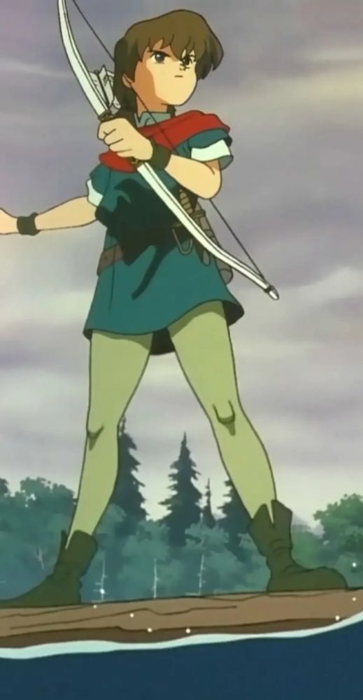 Anime Robin Hood steht auf einem Floß und hält dabei seinen Bogen in der Hand.