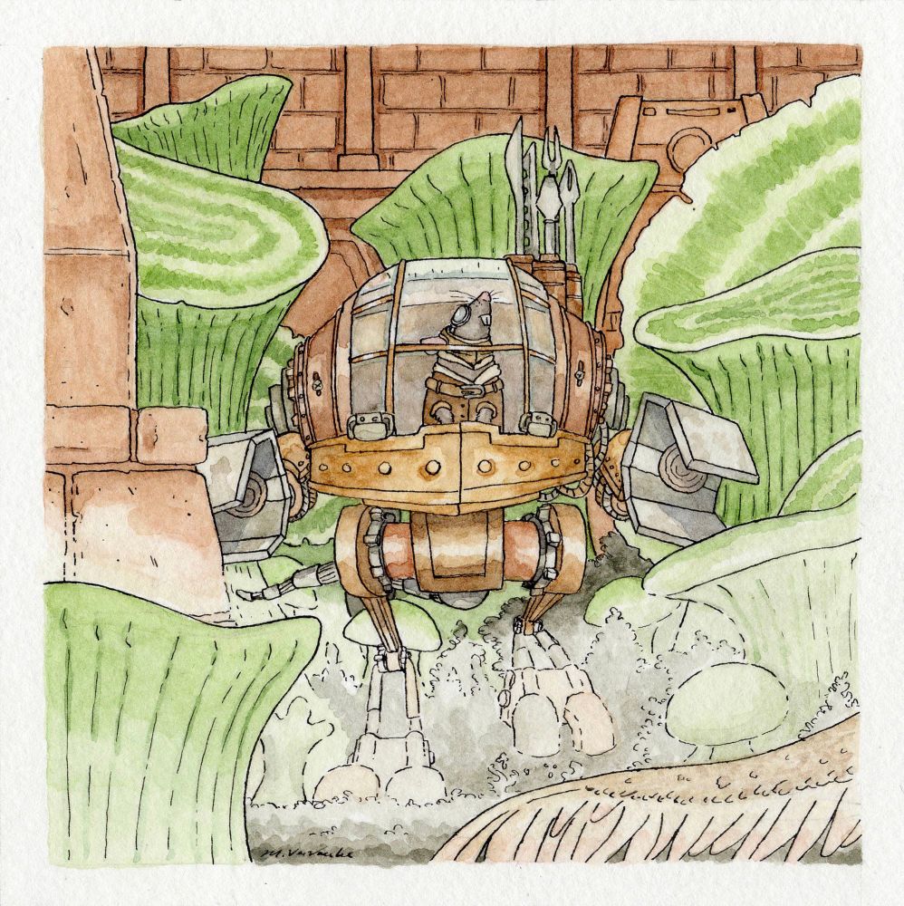 Watercolor illustration of Kočka from Dimension 20, Cloudward Ho!. He is a brown rat wearing a little leather vest, a pilot hat and goggles in a small mech. The mech is walking through fog, looking at giant mushrooms. A dinosaur tail lurks in the foreground. 