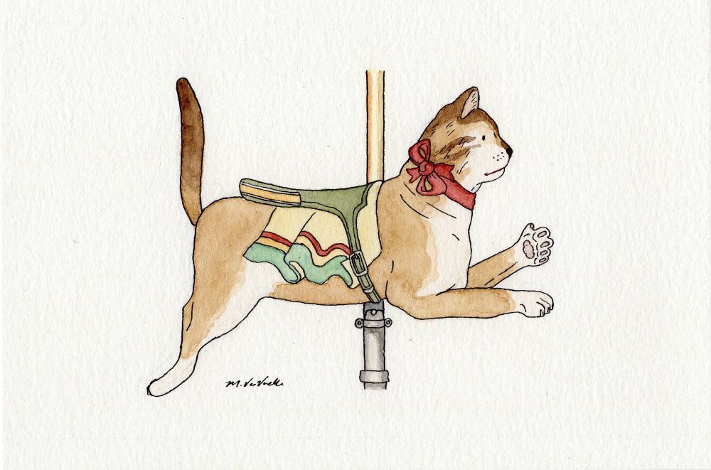 A watercolor illustration of a carousel animal. This one is a tan and brown cat with a red bow around its neck. 