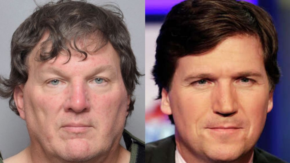 Rex Heuermann mugshot on left and Tucker Carlson cropped image of face on right.