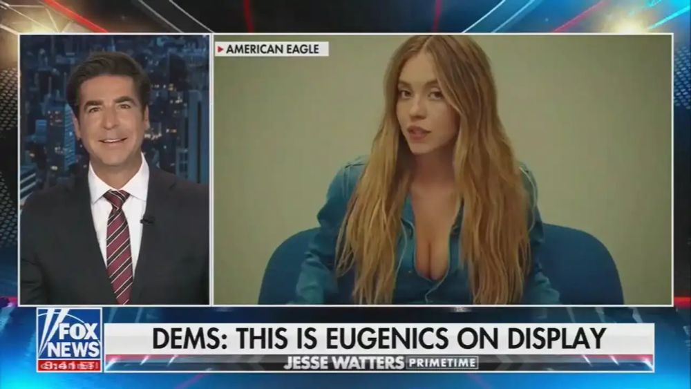 Screencap of Fox anchor Jesse Watters in a split screen graphic with a photo of Sydney Sweeney. The chyron reads: "Dems: This Is Eugenics On Display"