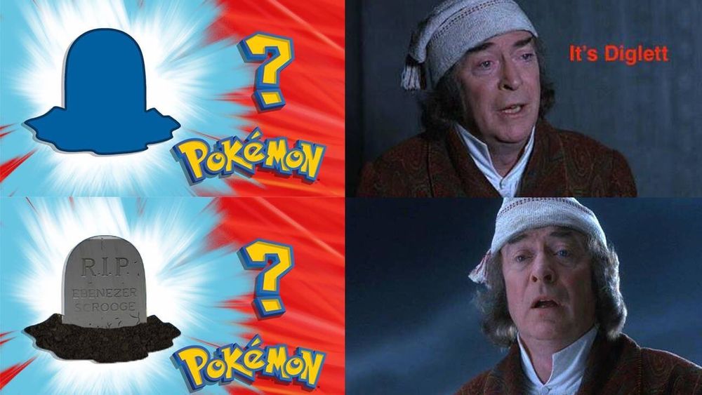 Scrooge from a Muppet Christmas Carol answering the Mystery Pokemon with "It's a Diglett" but it's actualy his tombstone and he looks scared