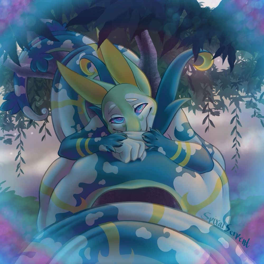 PoV image of Ferris, a Serperior naga ciled around and hypnotising the viewer in a tree, art by SpiralScales
