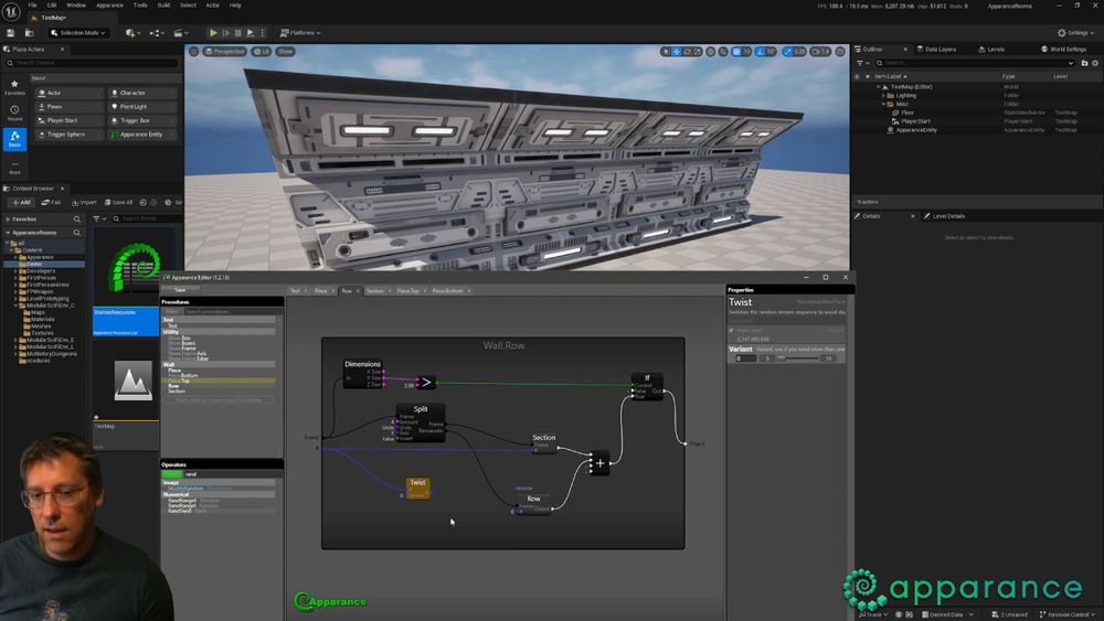 Screenshot of the live stream, showing the Apparance procedure editor over the top of Unreal editor. The viewport shows some sci-fi corridor walls and my face is overlaid bottom left.