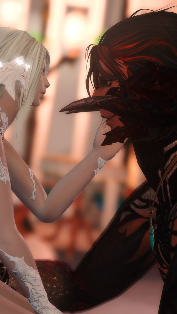 A gentle realization crosses his face as she touches his cheek.