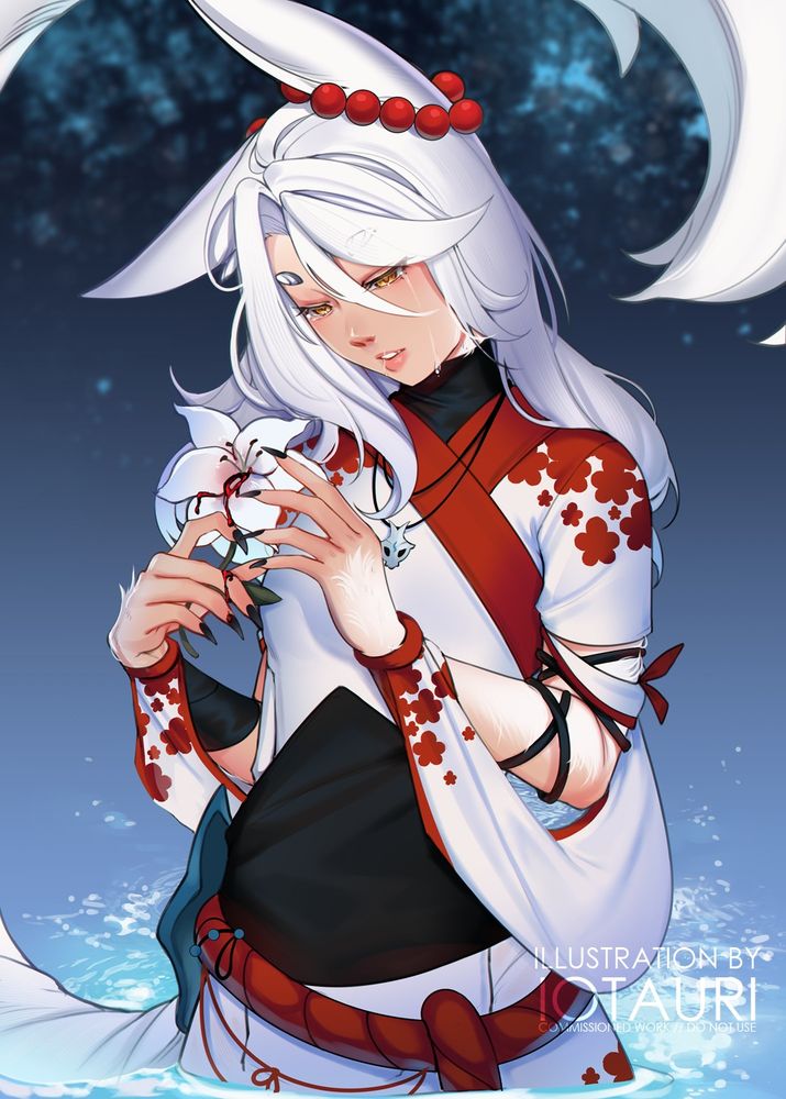 The image shows a Vastaya (Vesani) with long white hair. She is waist-deep in water, with a dark blue background.
She is holding a white lily with drops of blood on its petals.