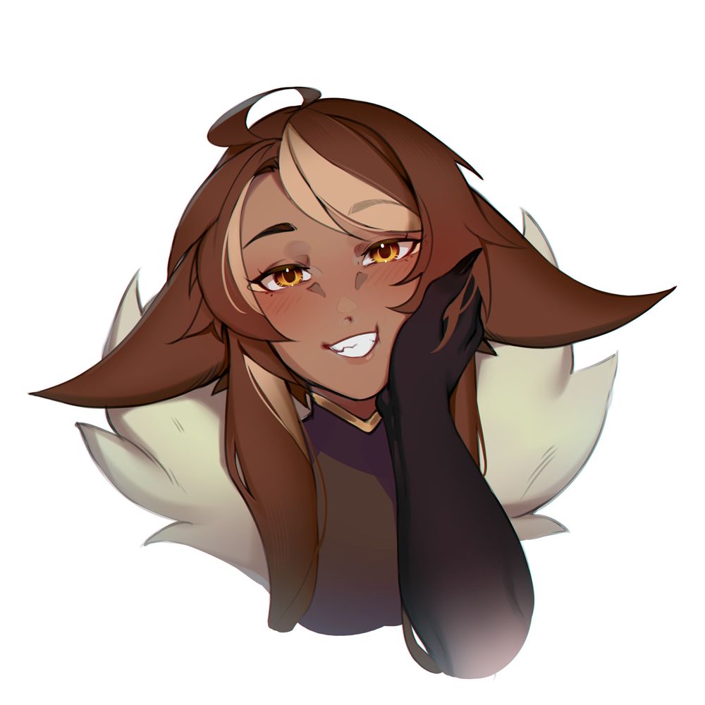 A sketch of my League OC, Uri being stroked on the cheek by her partner's hand