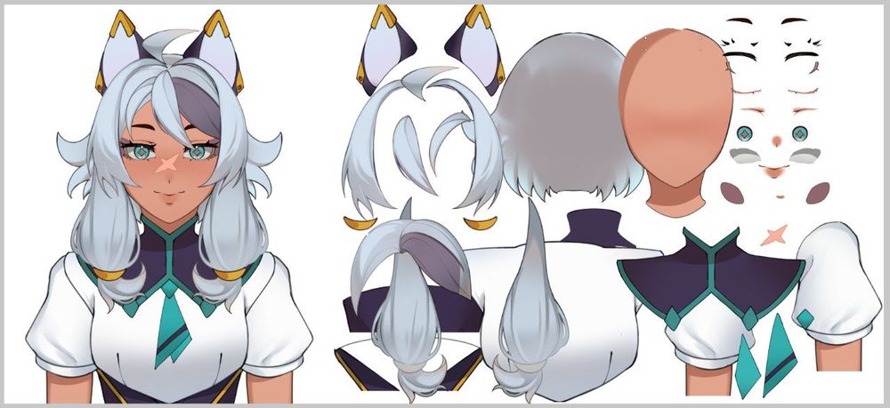 Preparing my OC for animation: a finished image and an image with all elements laid out on layers