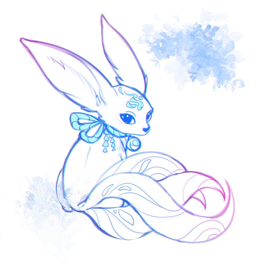 a sketch of a white three-tailed fox, looking rather mystical.
it's a teaser for something bigger, so you'll have to guess the rest