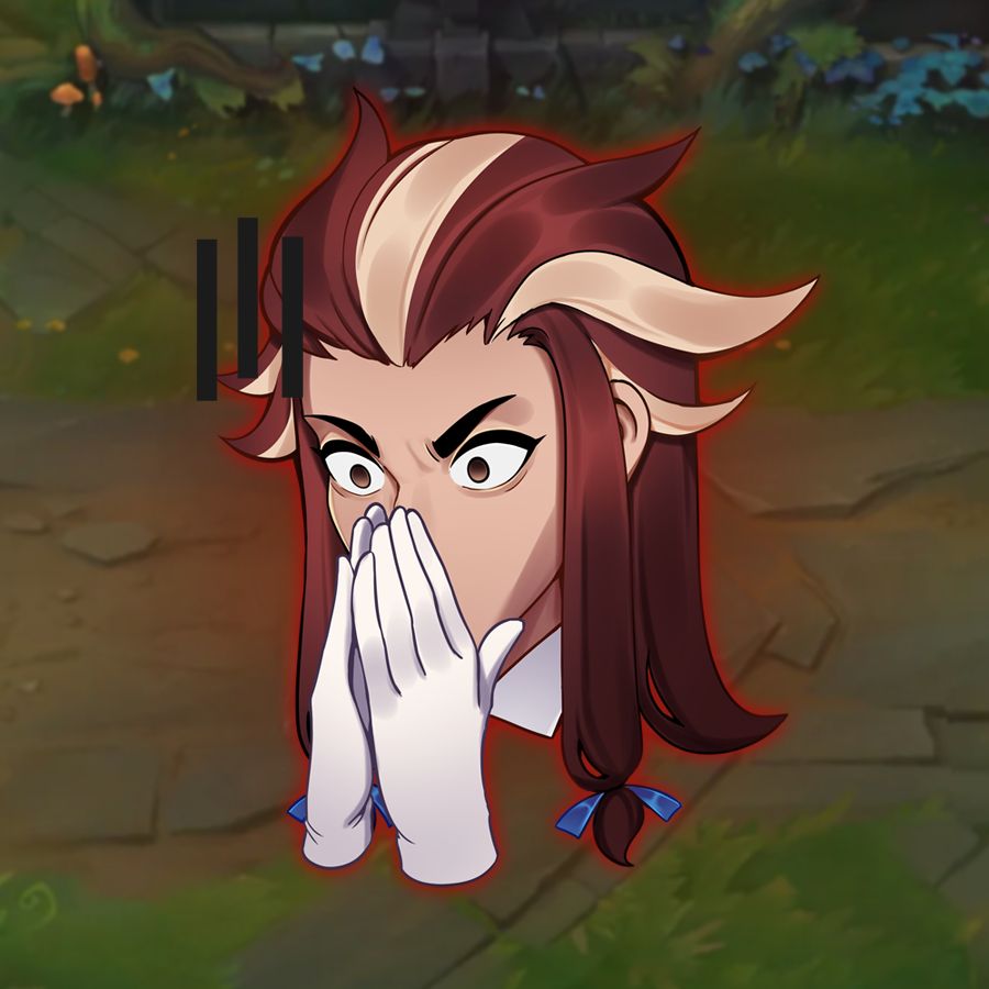 League-like style emote of Yone (fan concept of Cafe Cuties Yone) looking concerned/stressed. Now with the red glow
