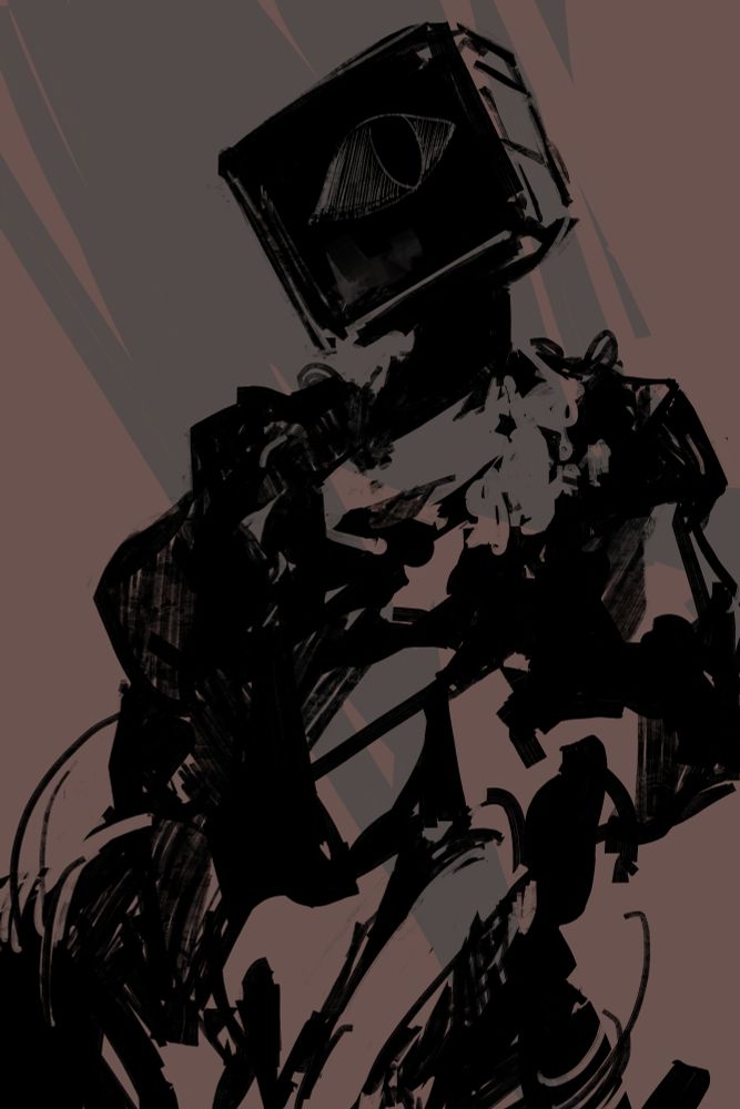 sketch of a figure in a black dress with a tv head and an eye on its screen