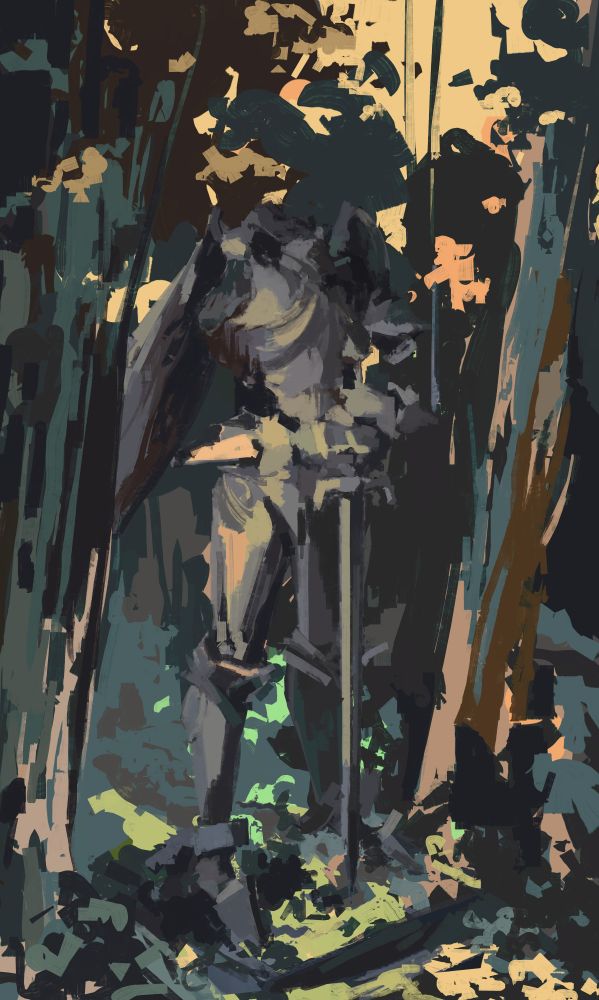 Ultrakill fanart of a statue from Limbo layer painted in nature scenery